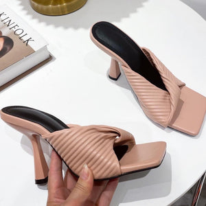 Women twist square peep toe slip on stiletto heels