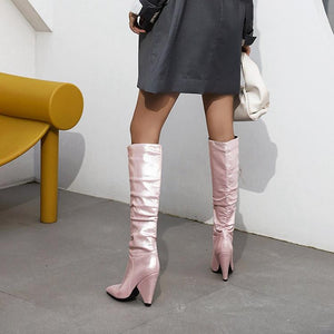 Women fashion pointed toe chunky heel slouch knee high boots