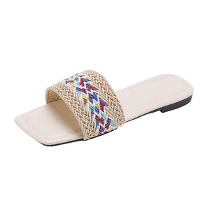 Women color block woven one strap square toe flat slide sandals