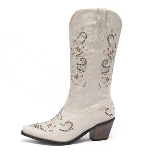Women chunky heel studded hollow flowers mid calf boots