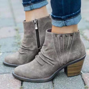 Women stacked chunky heel side zipper ankle boots