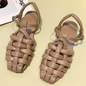 Women flat woven hollow close toe ankle strap sandals