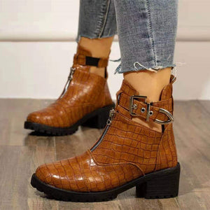 Women chunky heel front zipper buckle strap ankle boots