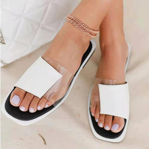 Women color block clear strap peep toe fashion slide flat sandals