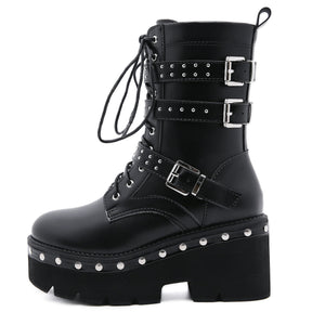 Women motorcycle studded lace up buckle strap black platform boots