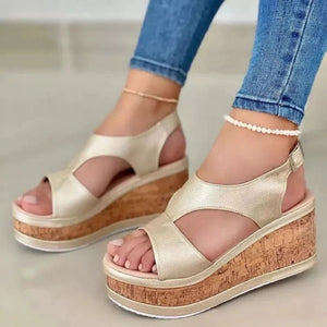 Women peep toe hollow buckle strap platform wedge sandals