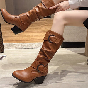 Women knee high boots vintage buckle strap slip on chunky heel boots round toe