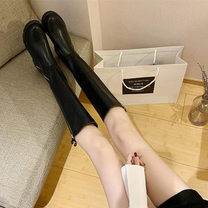 Women knee high chunky heel platform side zipper black boots