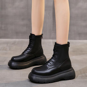 Women black lace up back zipper chunky platform motorcycle boots