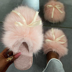 Women's cute bowknot fuzzy closed toe slippers winter indoor shoes
