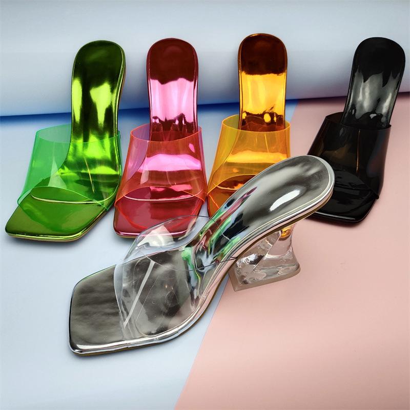 Women square toe clear strap slide chunky high heels