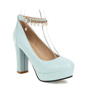 Women pearls rhinestone ankle strap chunky platform heels