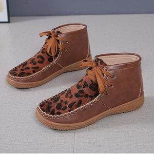 Women ankle flat heel lace up leopard booties