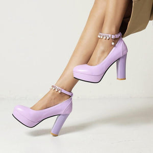 Women pearls rhinestone ankle strap chunky platform heels