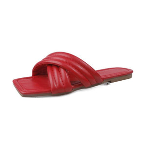 Women square peep toe criss cross strap slides flat sandals