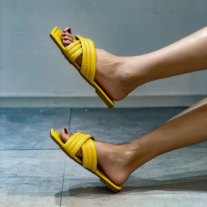 Women square peep toe criss cross strap slides flat sandals