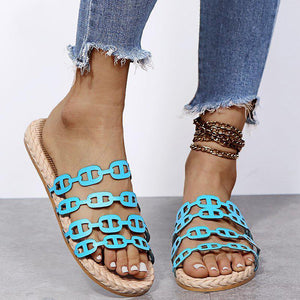 Women open toe black strap 
summer slide sandals