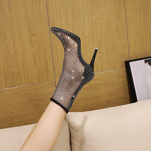 Women fishnet hollow pointed toe stiletto high heel sexy boots