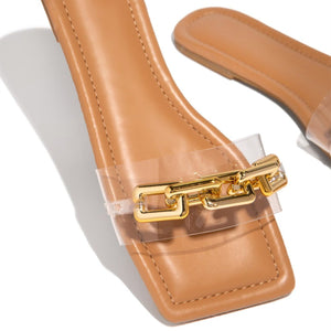 Women square peep toe chain decor flat slide sandals