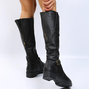 Women chunky heel buckle strap side zipper knee high boots