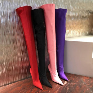 Women sexy slim fit pointed toe stiletto high heel thigh high boots