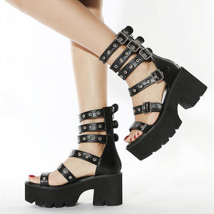 Women punk buckle strap chunky platform high heel roman sandals