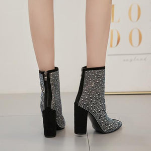 Women fashion pointed toe chunky heel short rhinestone boots