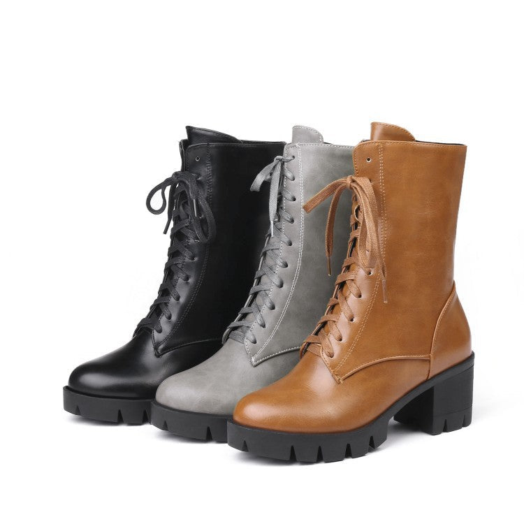 Women short platform chunky heel side zipper lace up boots