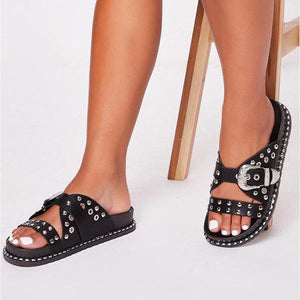 Women peep toe studded buckle strap slide platform sandals