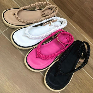 Women woven ankle buckle strap espadrille thick sole flat sandals