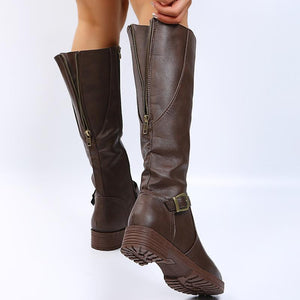 Women chunky heel buckle strap side zipper knee high boots