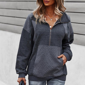 Women solid color sweatshirt half zip pullover with plaid pocket