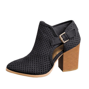 Women buckle strap hollow chunky heel pointed toe side zipper ankle boots