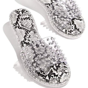 Women snakeskin leopard studded strap slides summer flat slippers