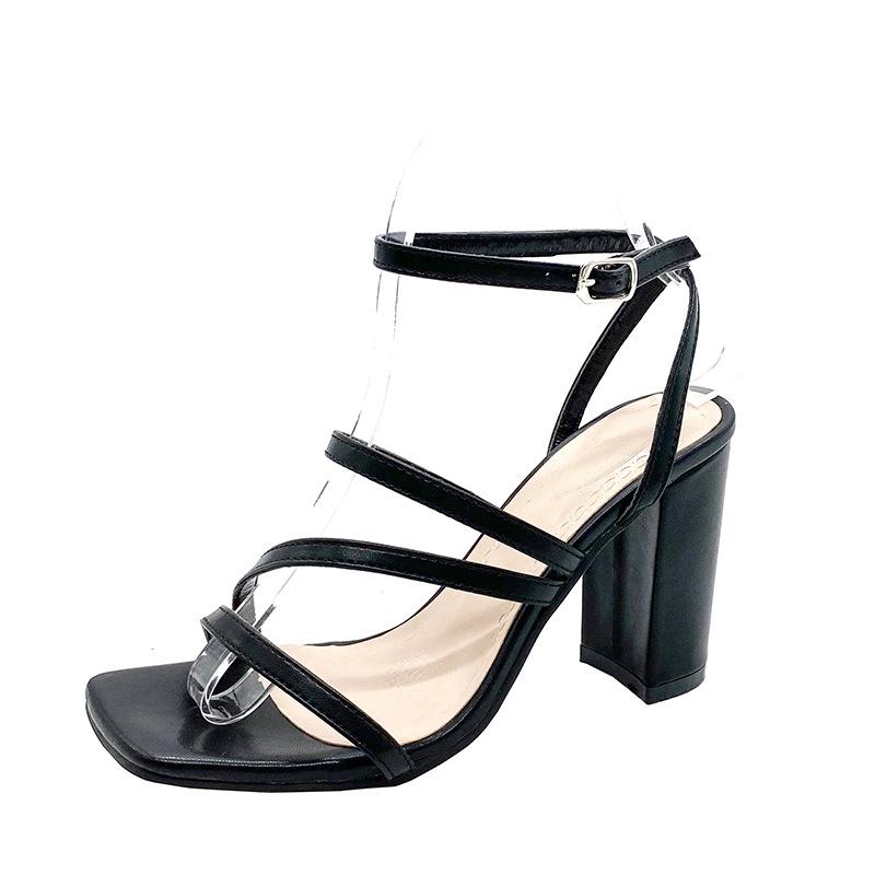 Women square open toe strappy chunky heels