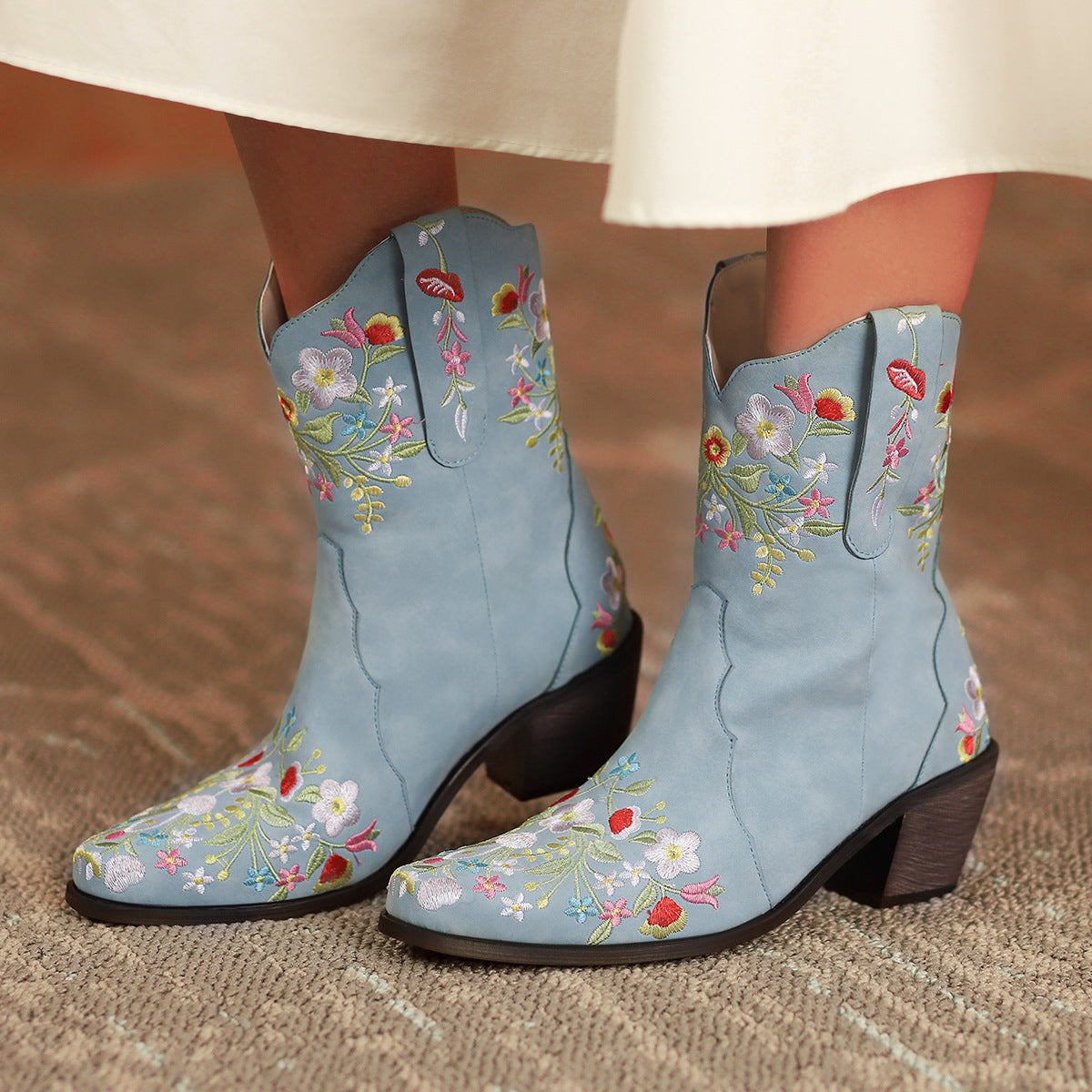 Women cowboy boots | Embroidered flower chunky heel short boots | Square toed blue boots