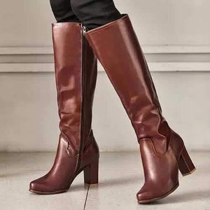 Women knee high chunky heel side zipper brown boots