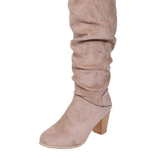 Women fashion chunky heel knee high slouch boots