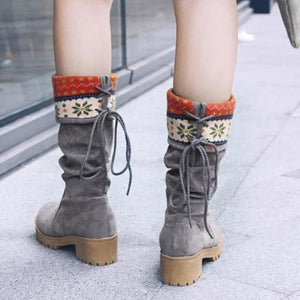 Women winter retro back lace up mid calf chunky heel platform boots