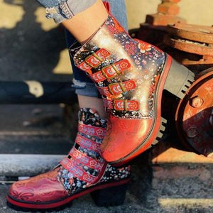 Women chunky heel flowers printed buckle strap short red boots