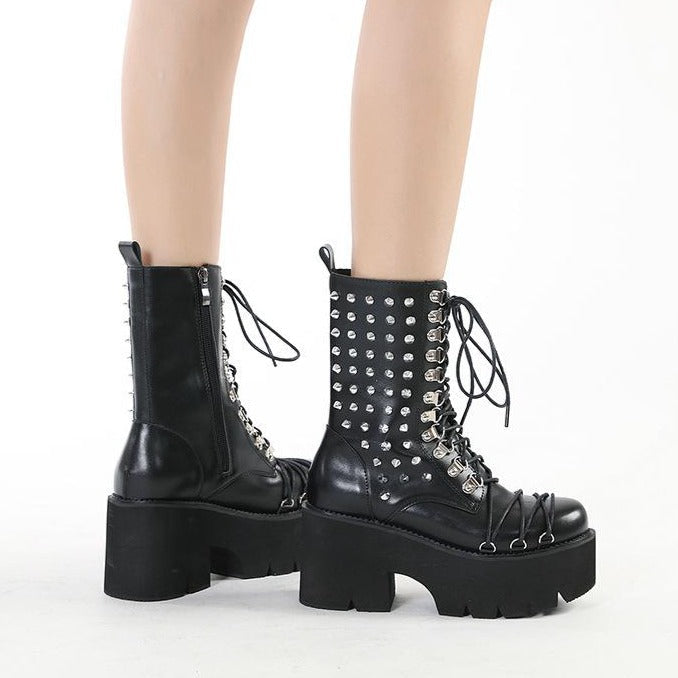 Women black lace up studded chunky platform motorcycle boots