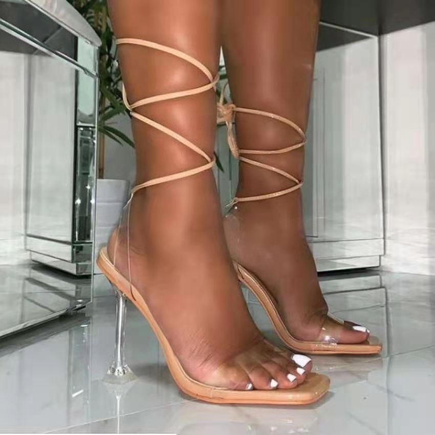 Women square peep toe clear stiletto strappy lace up heels
