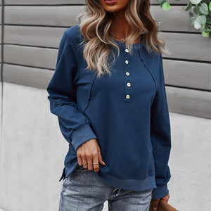 Women solid color long sleeve button pullover crewneck sweatshirt