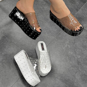 Women studded clear peep toe strap slide platform sandals