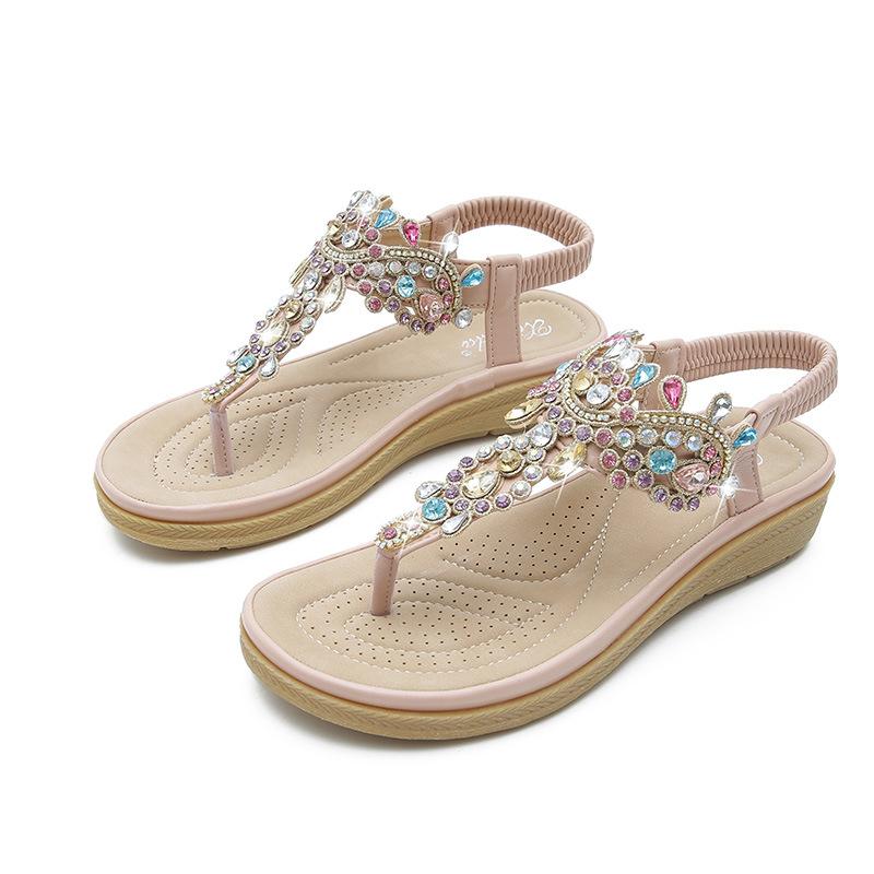 Women bohemian rhinestone ankle strap clip toe flat sandals