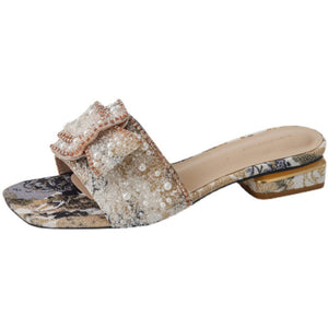 Women fashion outdoor slide low flat chunky heel rhinestone sandals