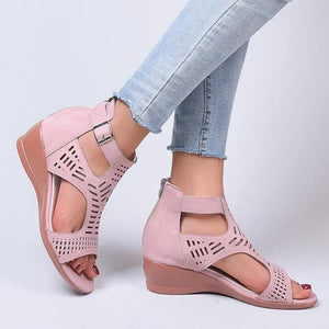 Women peep toe hollow breathable buckle strap back zipper wede sandals