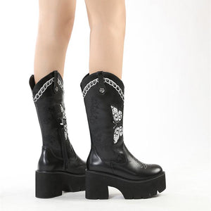 Women embroidered butterfly chunky heel platform knee high black boots