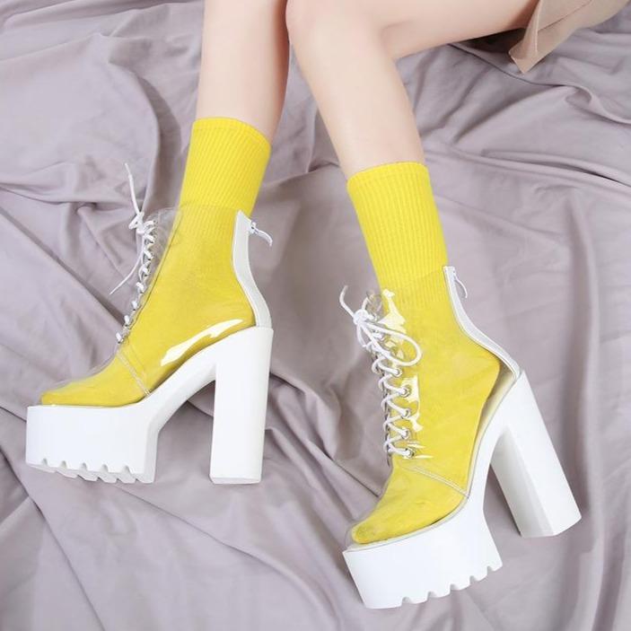 Women transparent lace up block high heel platform boots