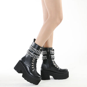 Women biker fashion short studded lace up side zipper black boots